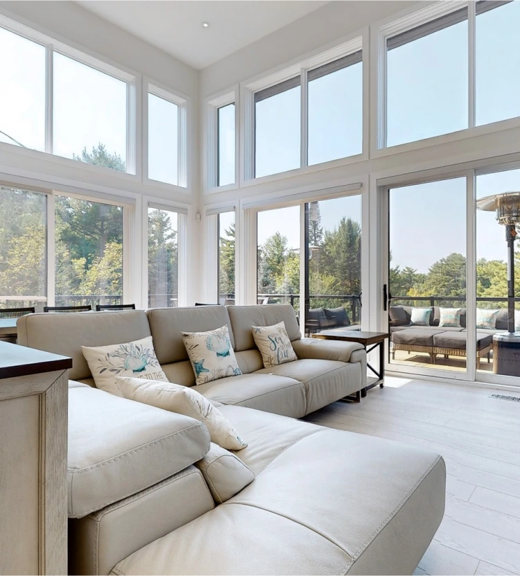 luxurious living room with glass panels